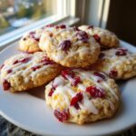 A stack of freshly baked cranberry orange cookies drizzled with white glaze and topped with dried cranberries.