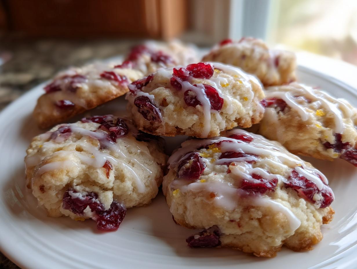 Close-up of several soft cranberry orange cookies drizzled with white icing and topped with dried cranberries.
