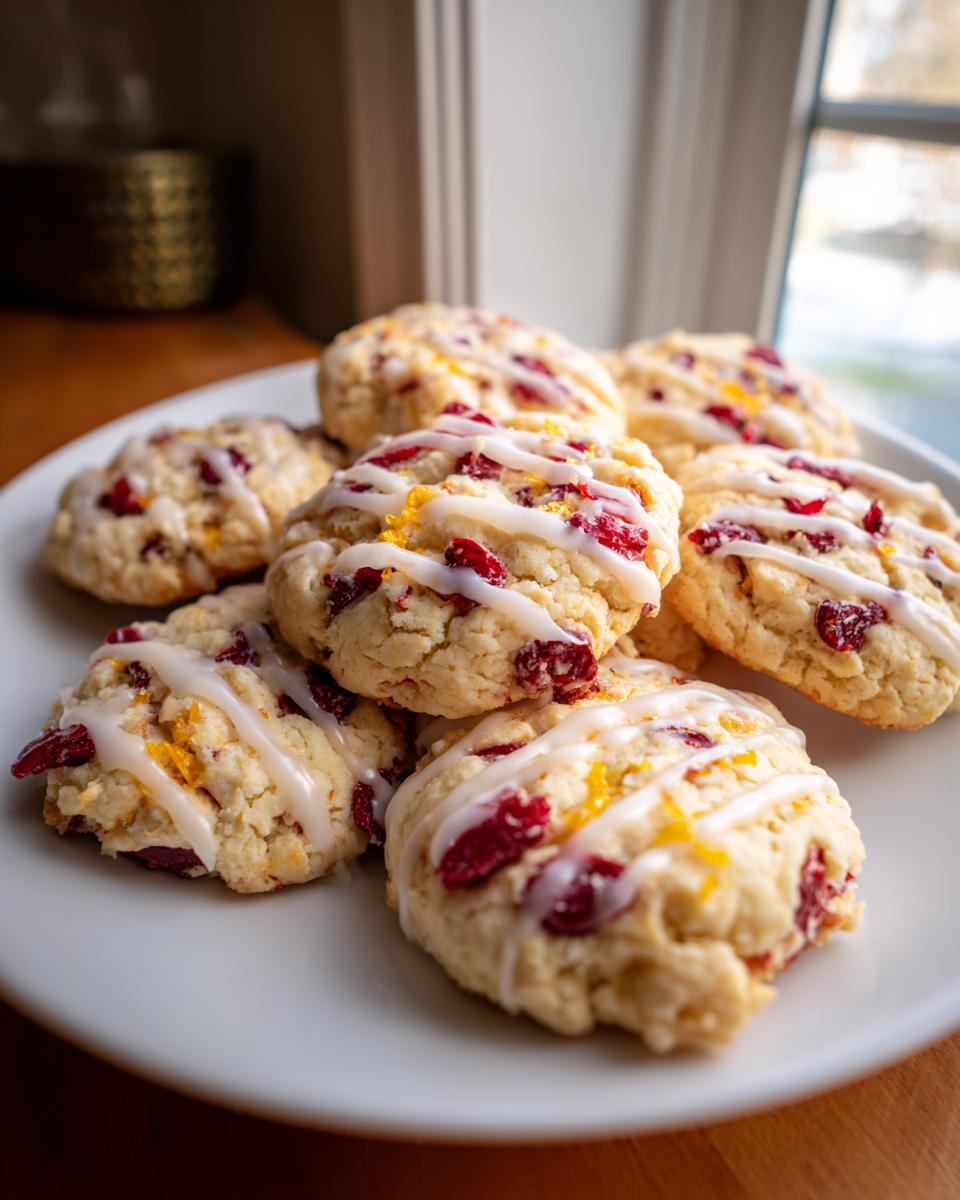 A stack of freshly baked cranberry orange cookies drizzled with white icing and topped with orange zest.