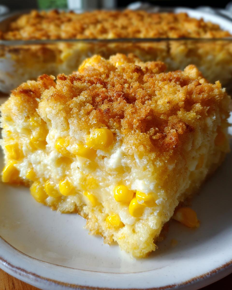 A close-up serving of moist cream cheese corn casserole featuring bright yellow corn kernels and a golden brown crumb topping.