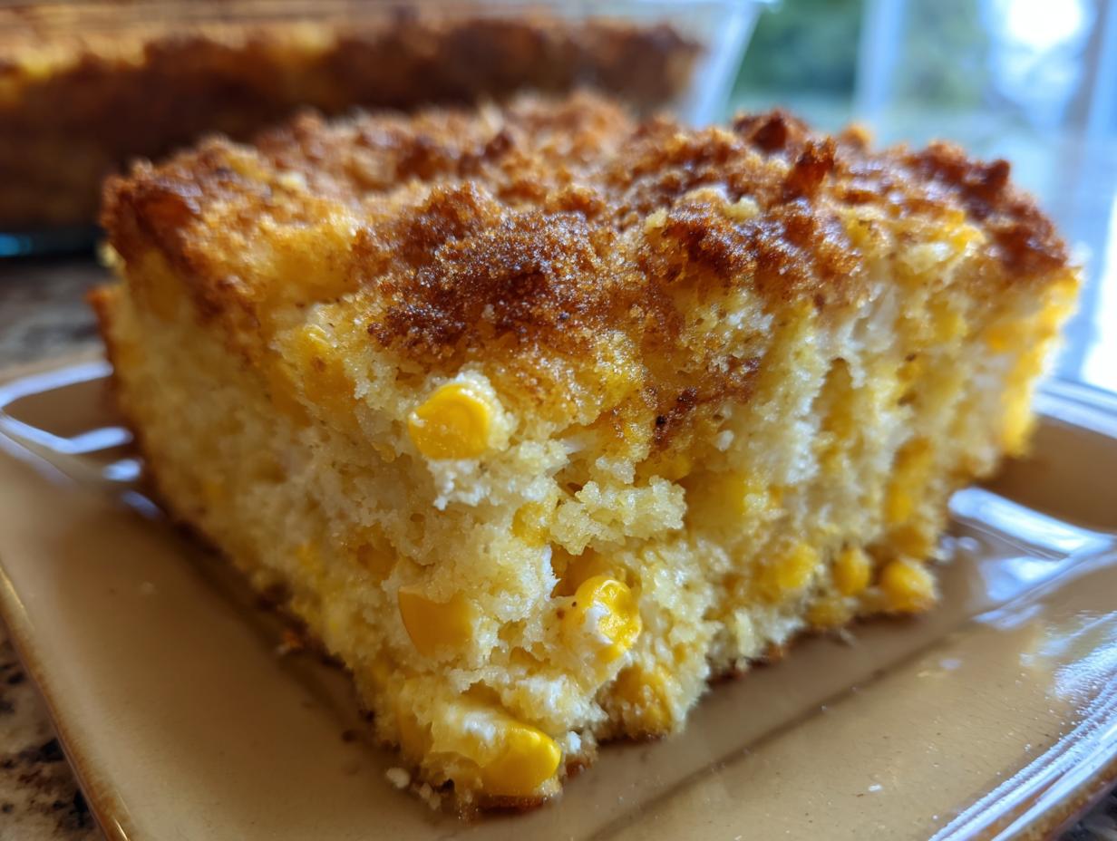 Close-up of a moist slice of cream cheese corn casserole showing whole corn kernels and a golden, slightly browned topping.