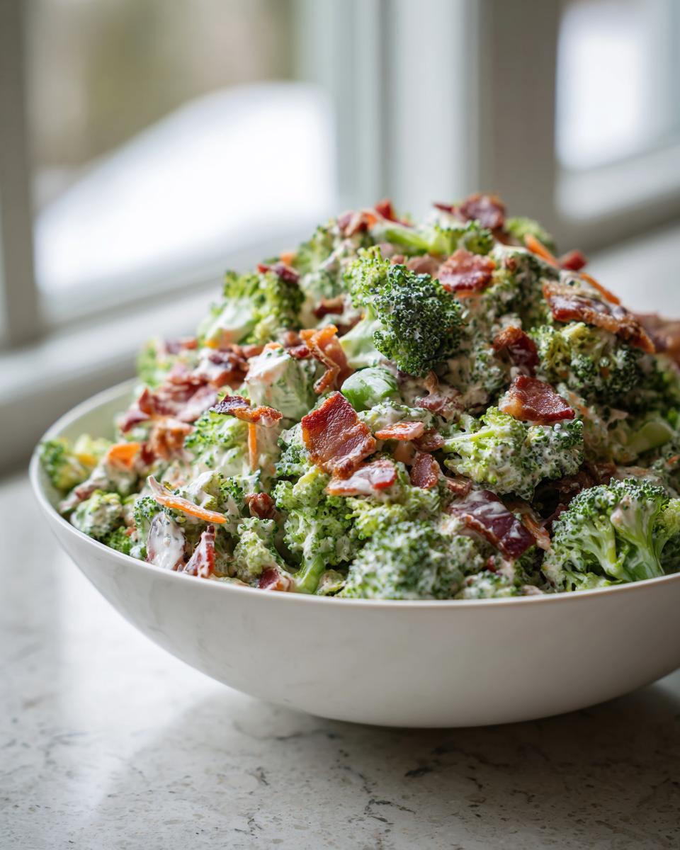 A large white bowl filled with creamy broccoli salad topped generously with crispy bacon pieces.