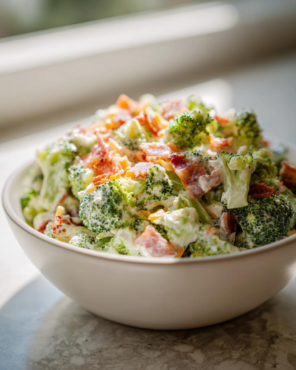 Close-up of creamy broccoli salad mixed with bacon bits and cheese, served in a white bowl.