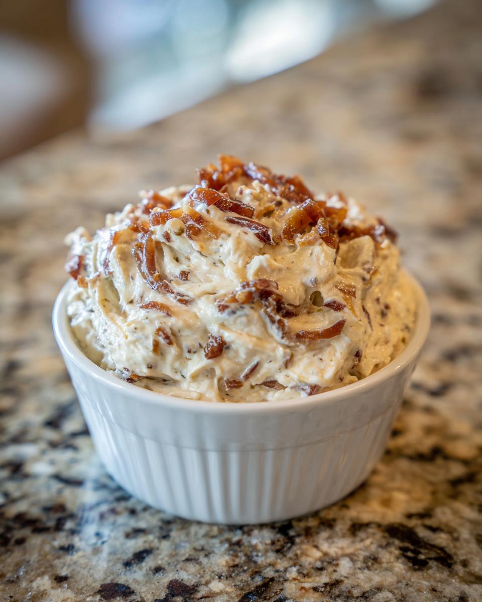 A creamy, rich onion dip topped with crispy bacon bits served in a white fluted ramekin.