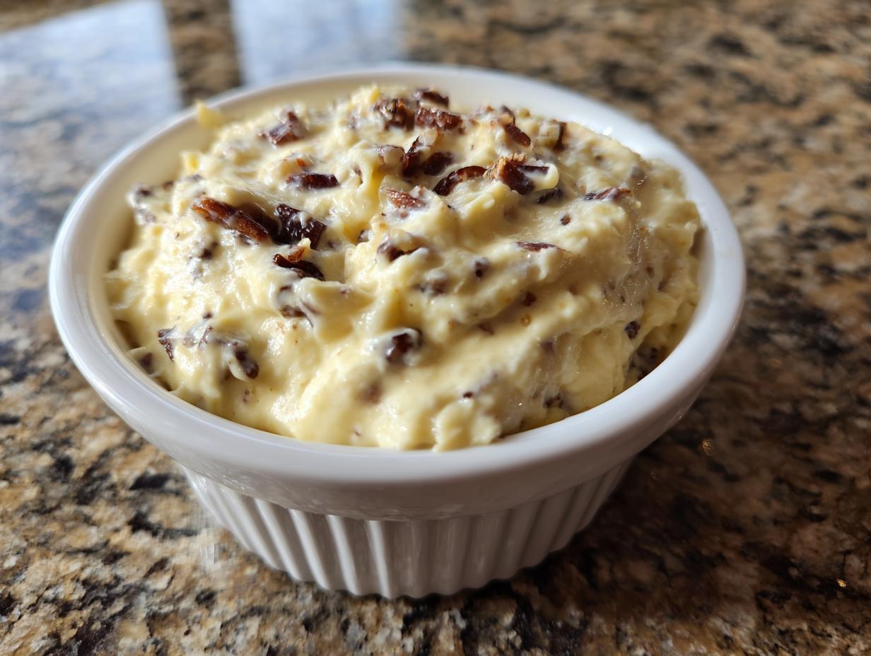 Close-up of a rich, creamy onion dip topped with crispy bacon bits, served in a white fluted bowl.