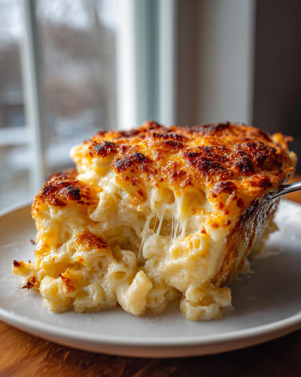 A close-up serving of creamy baked mac and cheese showing a perfect cheese pull from the golden-brown crust.