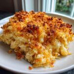 A serving of creamy baked mac and cheese with a deeply golden, crispy breadcrumb topping on a white plate.