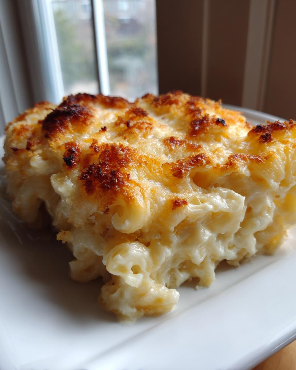 A close-up of a serving of creamy baked mac and cheese with a perfectly browned, crispy cheese topping.