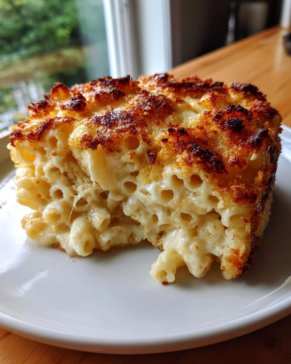 A close-up of a square serving of creamy baked mac and cheese with a deeply browned, crispy cheese crust.