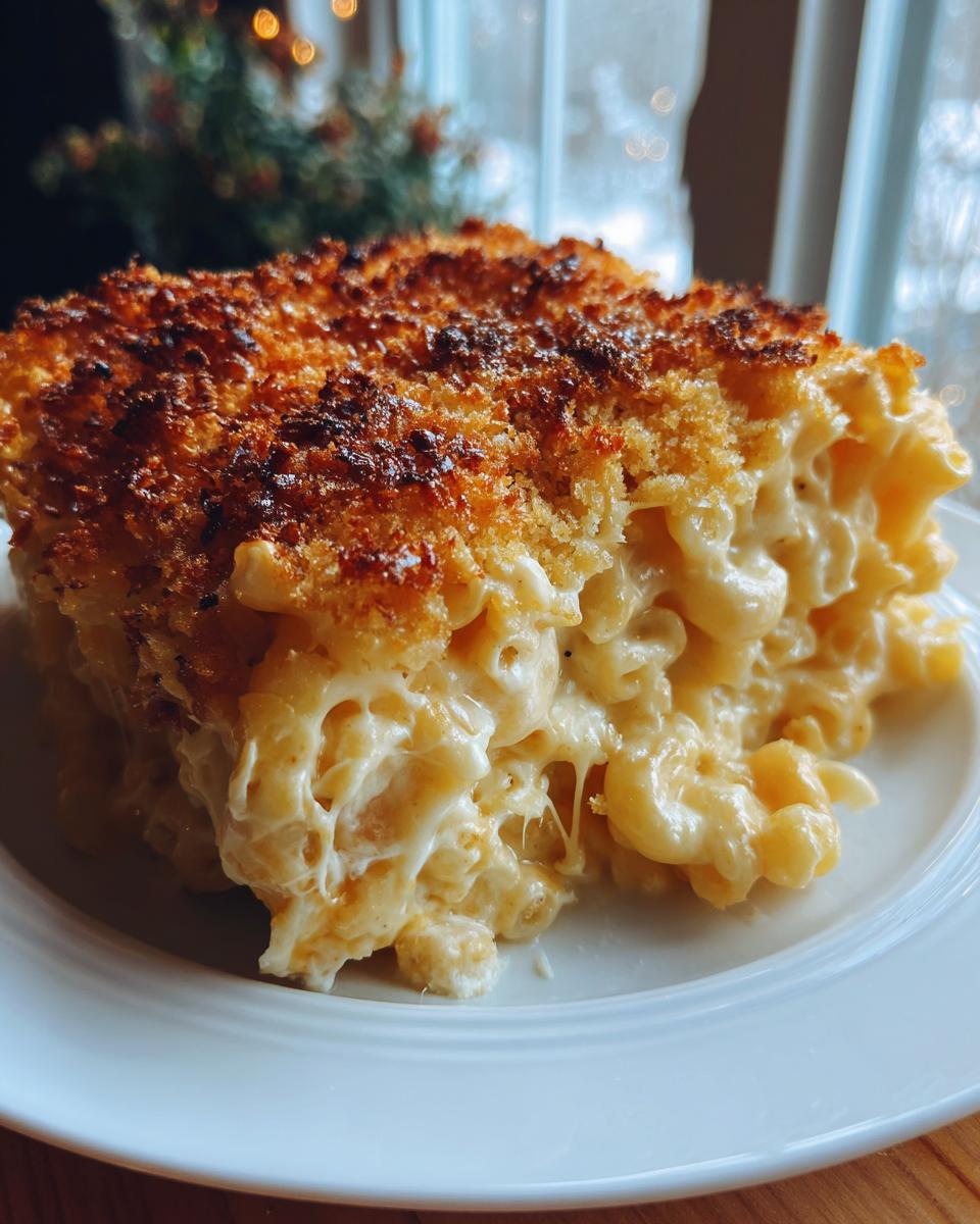 A generous serving of creamy baked mac and cheese with a golden, crunchy breadcrumb topping on a white plate.
