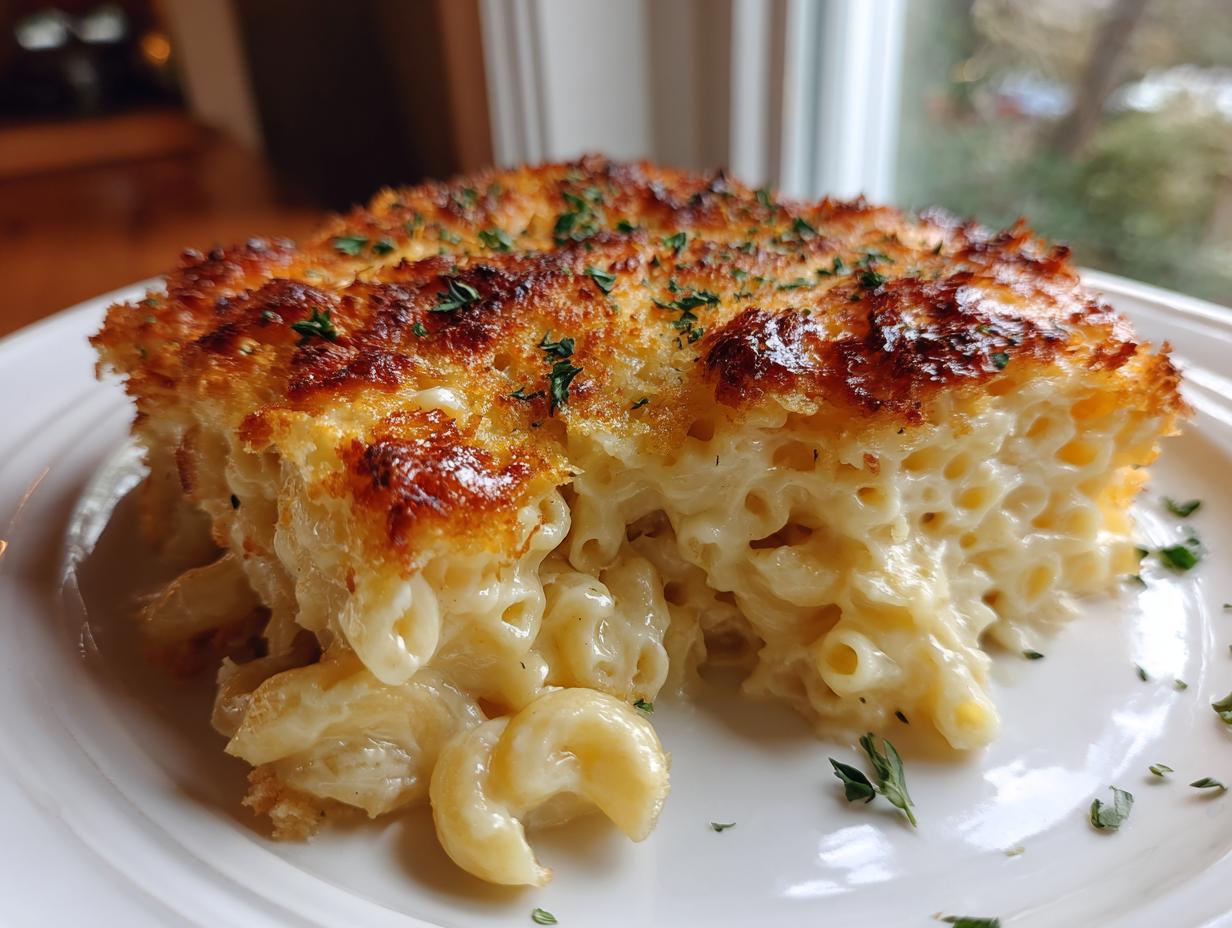 A generous serving of creamy baked mac and cheese with a golden, crispy breadcrumb topping.