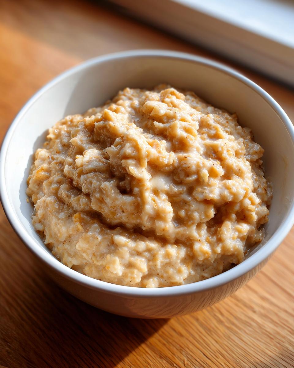 Close-up of creamy banana oatmeal served in a white bowl on a wooden surface.