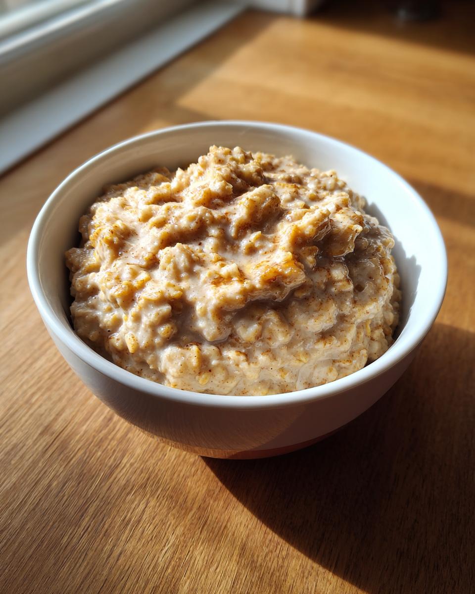 A close-up of creamy banana oatmeal topped with a swirl of milk or cream, sitting on a sunlit wooden table.