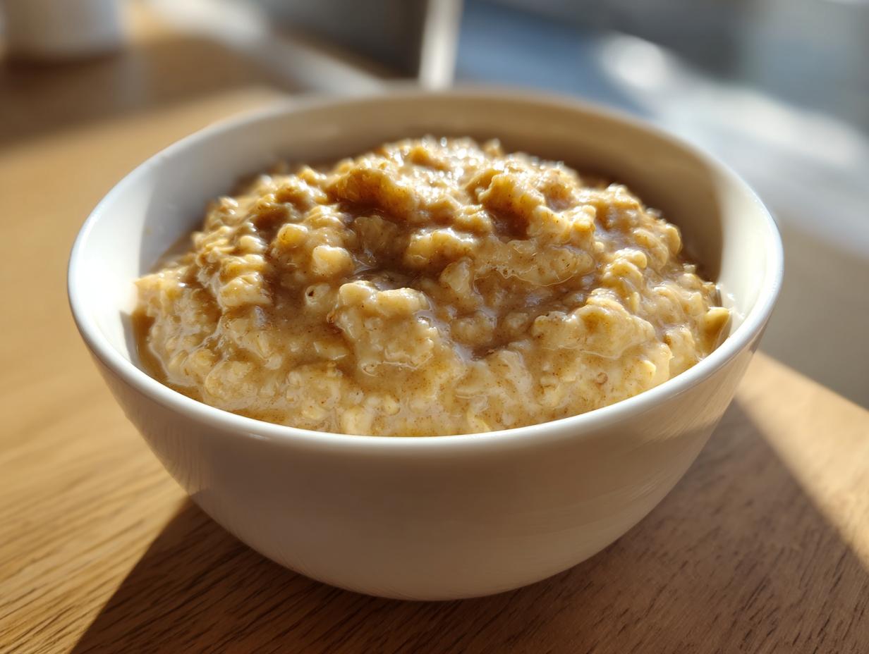 Close-up of creamy banana oatmeal served in a white bowl on a wooden surface.