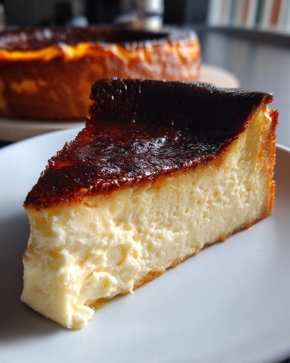A creamy slice of basque cheesecake featuring a deeply caramelized, burnt top, served on a white plate.
