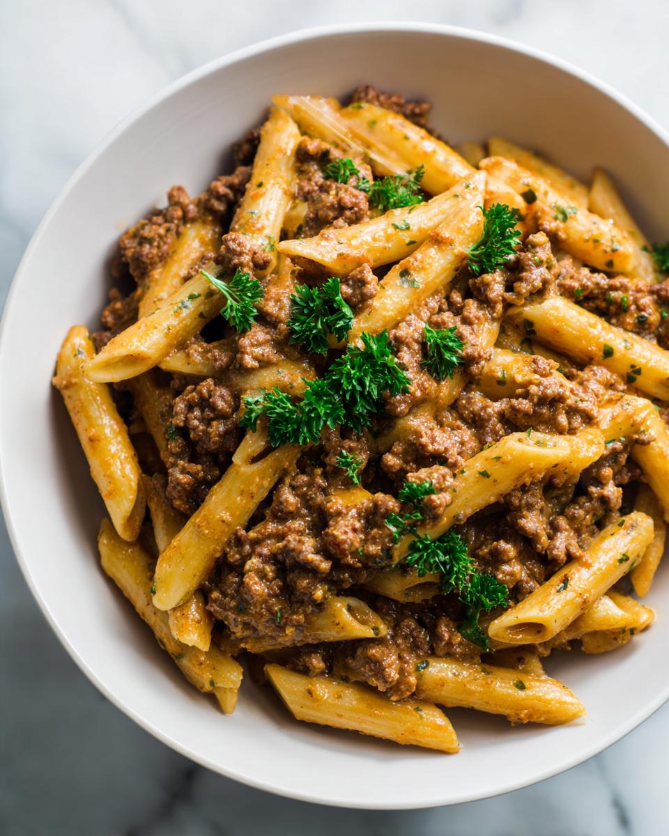Overhead view of creamy beef pasta made with penne, generously coated in sauce and topped with fresh parsley.