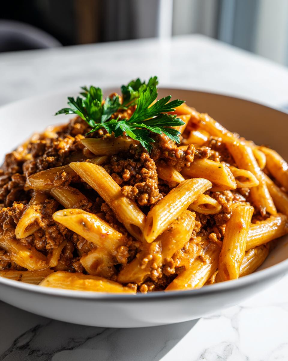 Close-up of a white bowl filled with creamy beef pasta (penne) topped with ground beef sauce and fresh parsley.