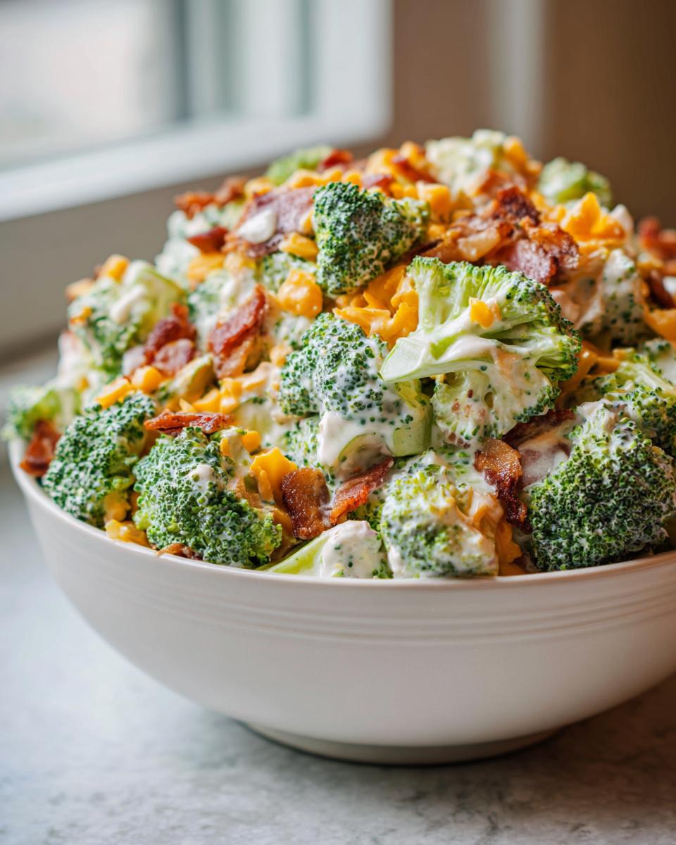 A large white bowl filled with creamy broccoli salad, featuring fresh broccoli florets, bacon bits, and shredded cheddar cheese.