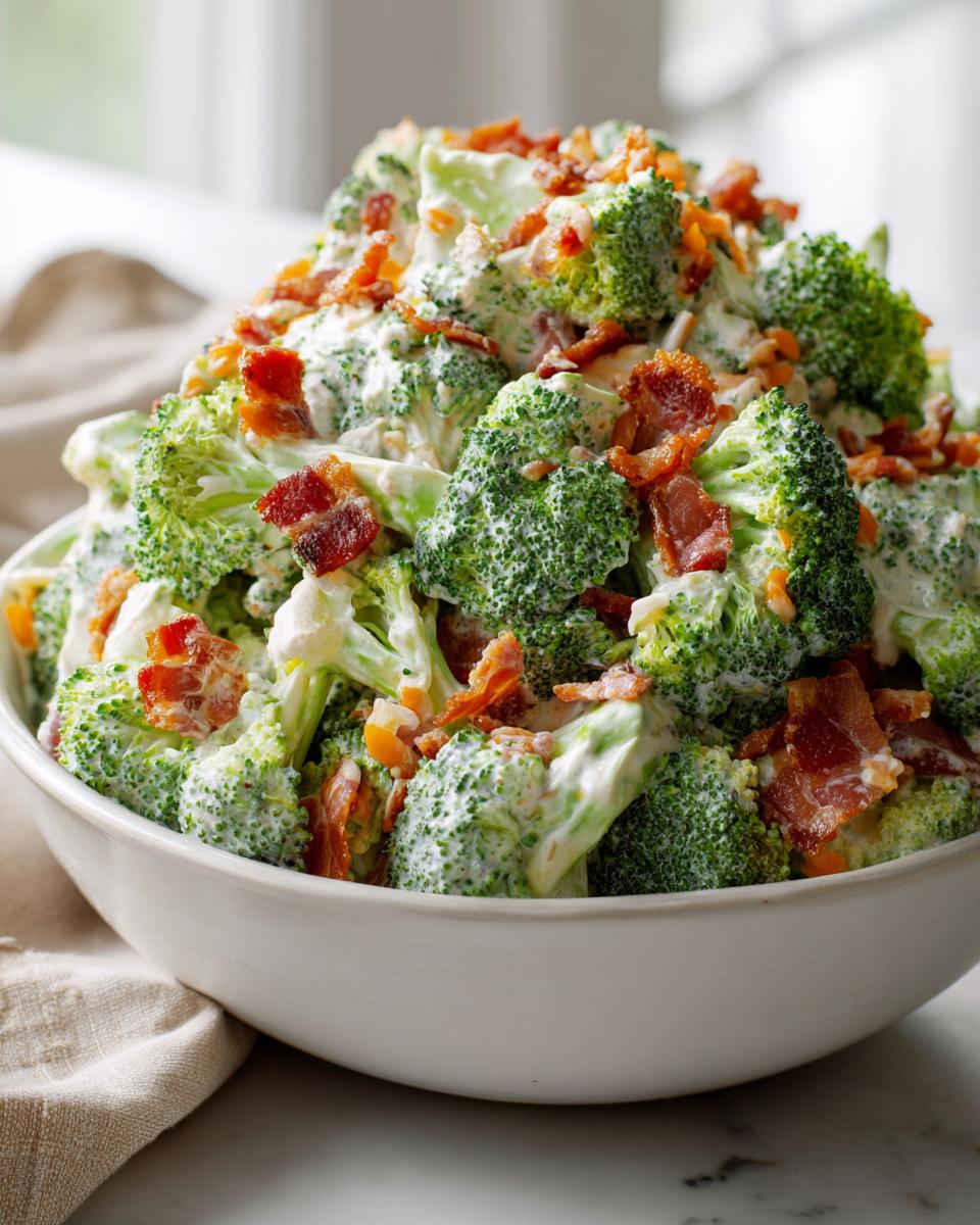 Close-up of a large white bowl filled with creamy broccoli salad topped generously with crispy bacon pieces.