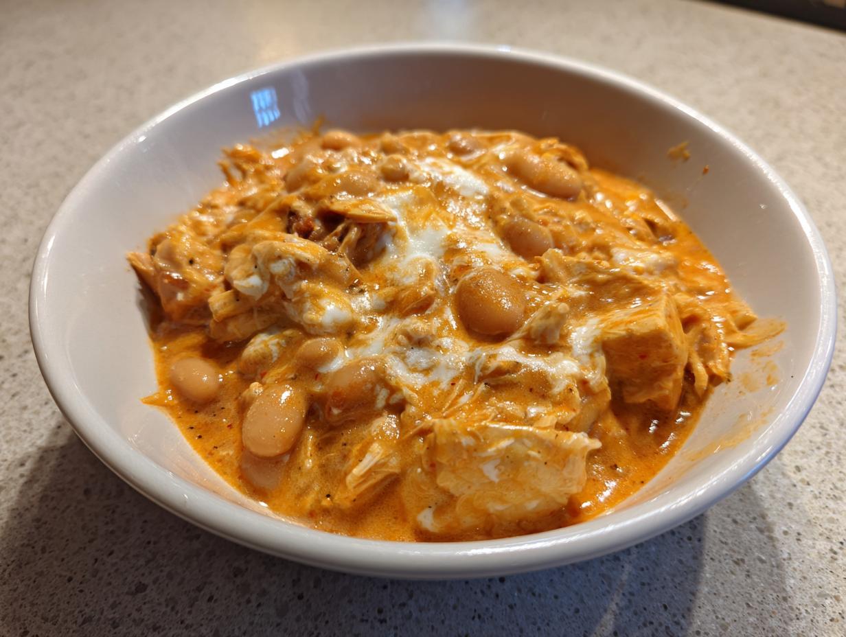 Close-up of a white bowl filled with creamy, orange-hued buffalo chicken chili featuring shredded chicken and white beans, topped with a swirl of sour cream.