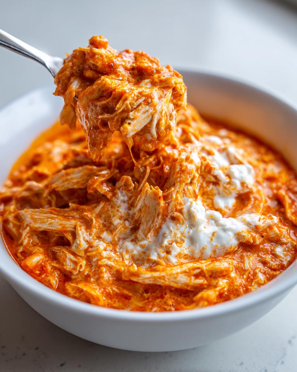A spoonful of creamy, shredded chicken being lifted from a bowl of vibrant orange buffalo chicken chili topped with sour cream.