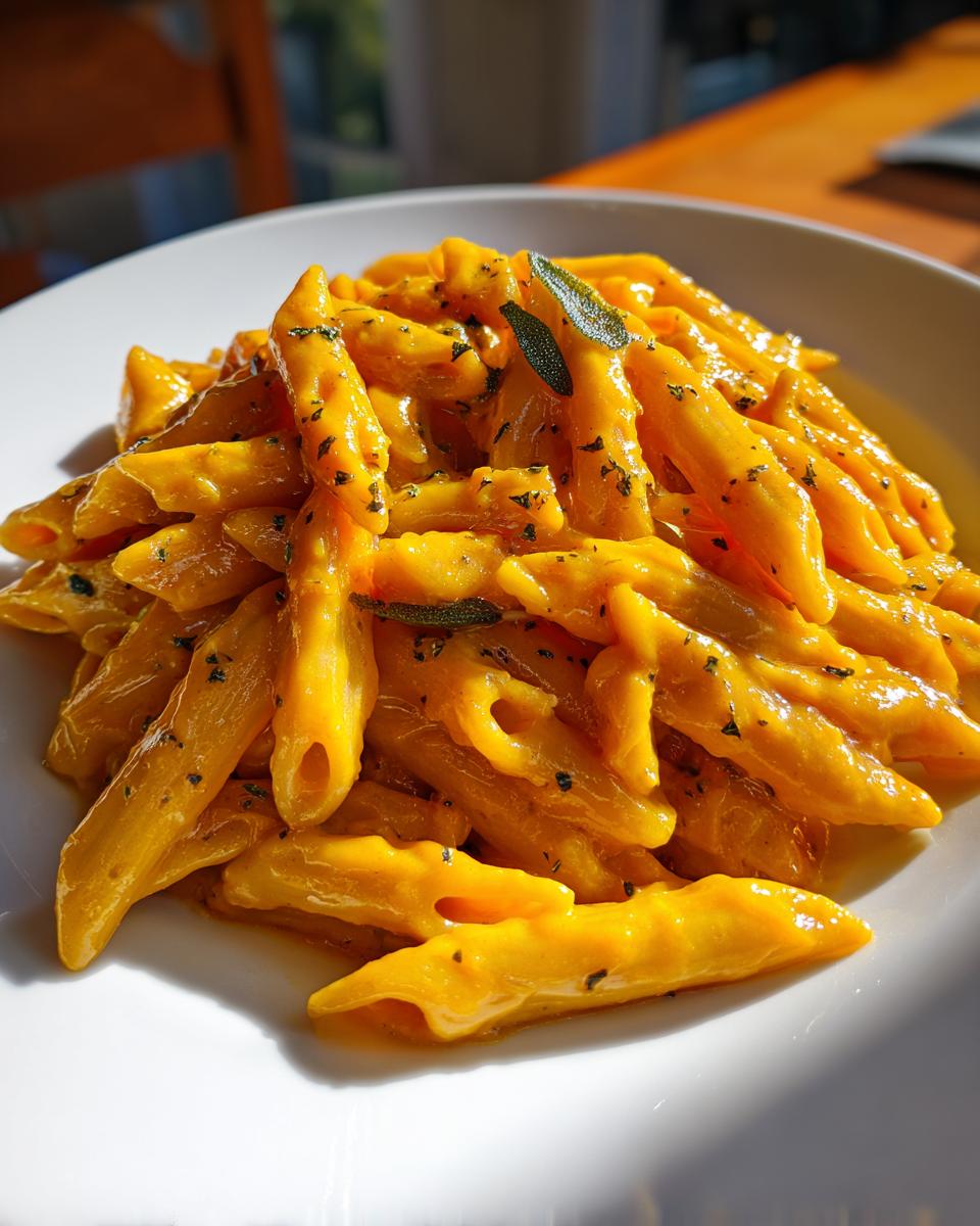 A close-up of penne pasta coated in a rich, orange butternut squash pasta sauce, garnished with fresh sage leaves.