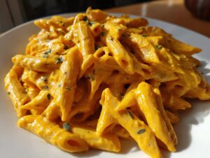 Close-up of creamy butternut squash pasta made with penne noodles, garnished with herbs.