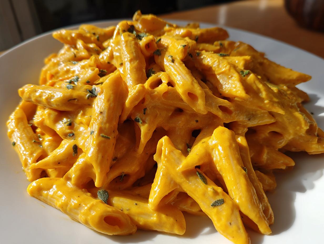 Close-up of creamy butternut squash pasta made with penne noodles, garnished with herbs.