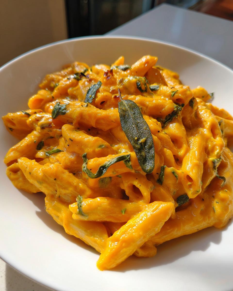 Close-up of creamy butternut squash pasta (penne) coated in orange sauce and topped with fried sage leaves.