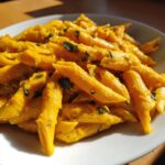 A close-up of creamy butternut squash pasta tossed with penne and topped with crispy sage leaves.