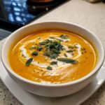 A close-up of creamy butternut squash soup topped with a swirl of cream and fresh sage and thyme.