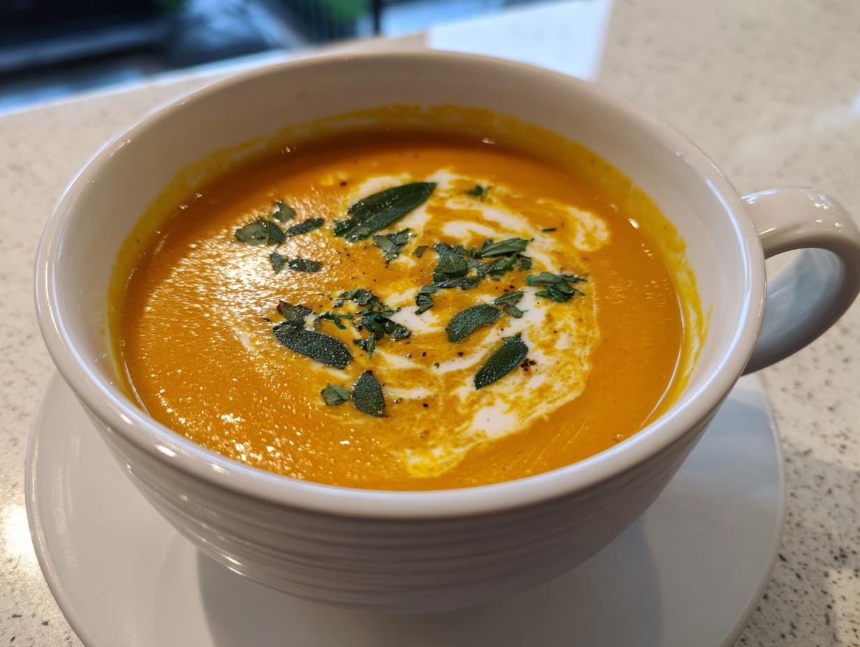 A close-up of a white mug filled with creamy butternut squash soup, garnished with cream swirl and fresh sage.