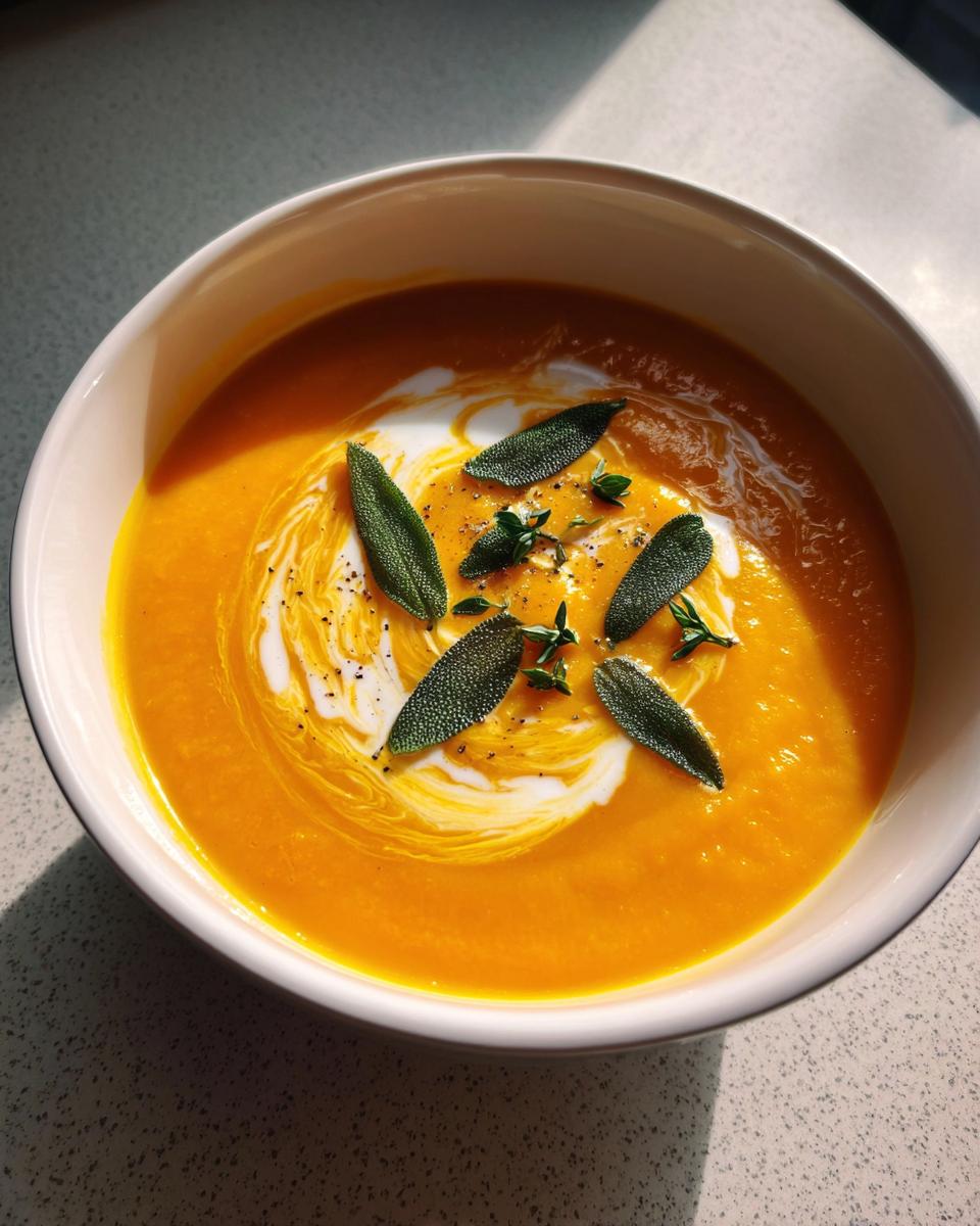 A vibrant bowl of creamy butternut squash soup, swirled with cream and topped with fresh sage leaves and thyme.