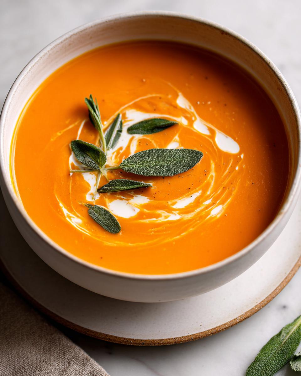 A close-up of vibrant orange butternut squash soup, swirled with cream and topped with fresh sage leaves.