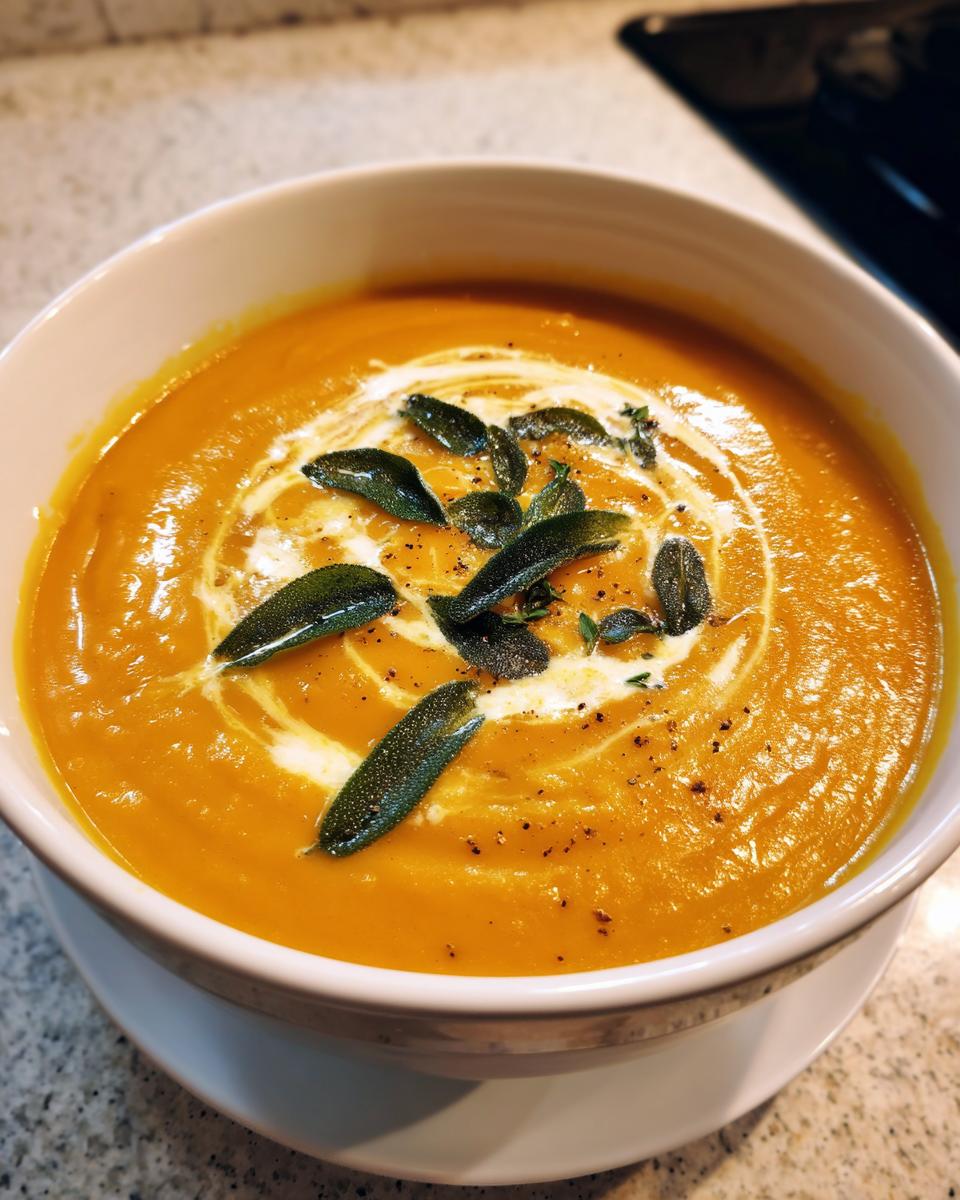 A close-up of creamy butternut squash soup topped with a swirl of cream, crispy sage leaves, and black pepper.