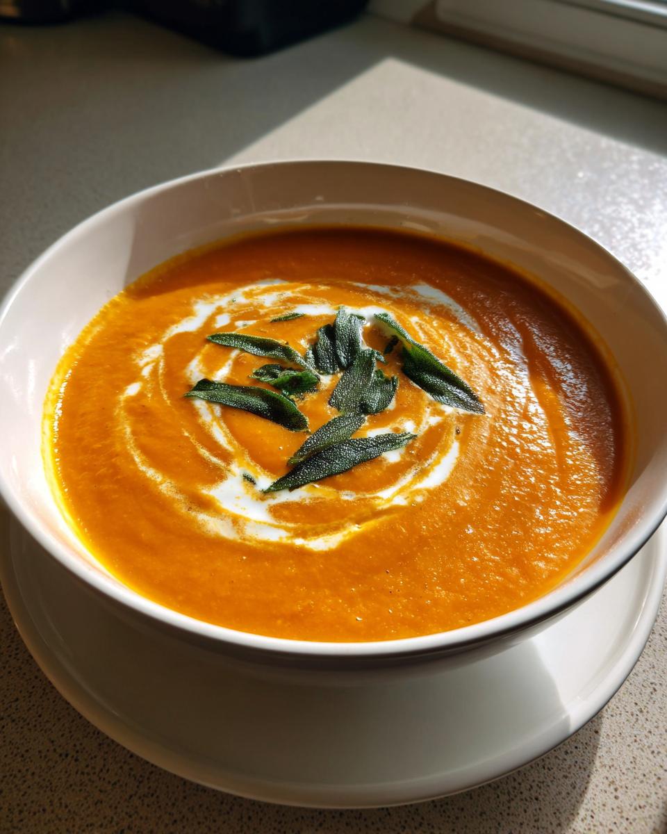A bowl of vibrant orange butternut squash soup, swirled with cream and topped with fresh sage leaves.