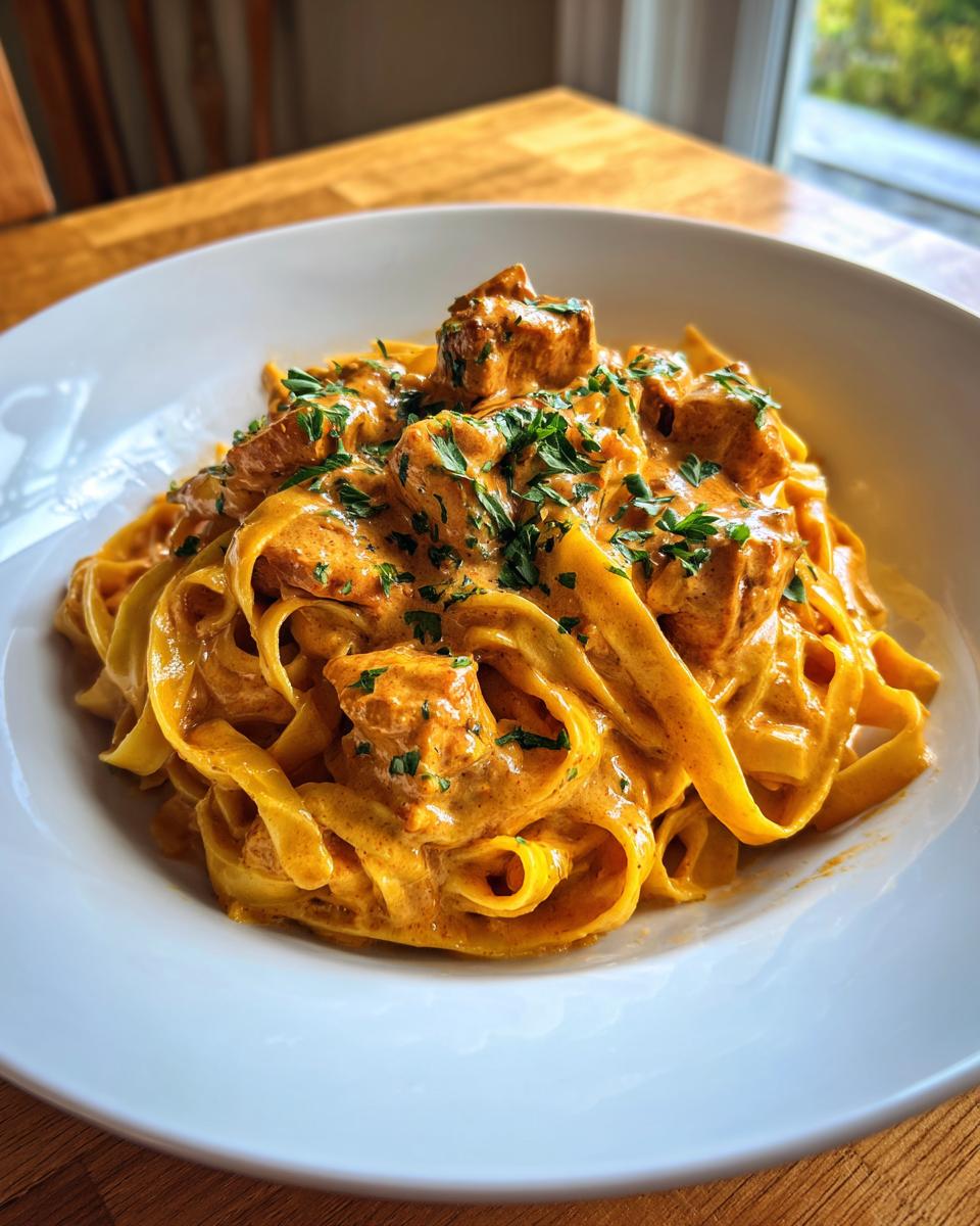 A close-up of rich, orange-hued creamy cajun chicken pasta featuring fettuccine noodles and topped with fresh parsley.