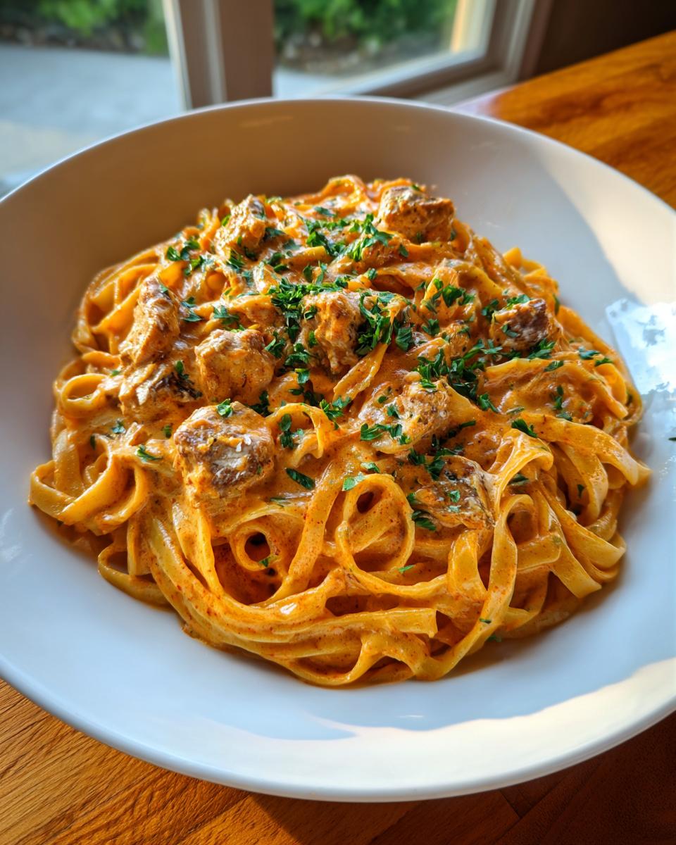 A close-up of creamy cajun chicken pasta featuring fettuccine noodles, seasoned chicken pieces, and a rich orange sauce, garnished with parsley.