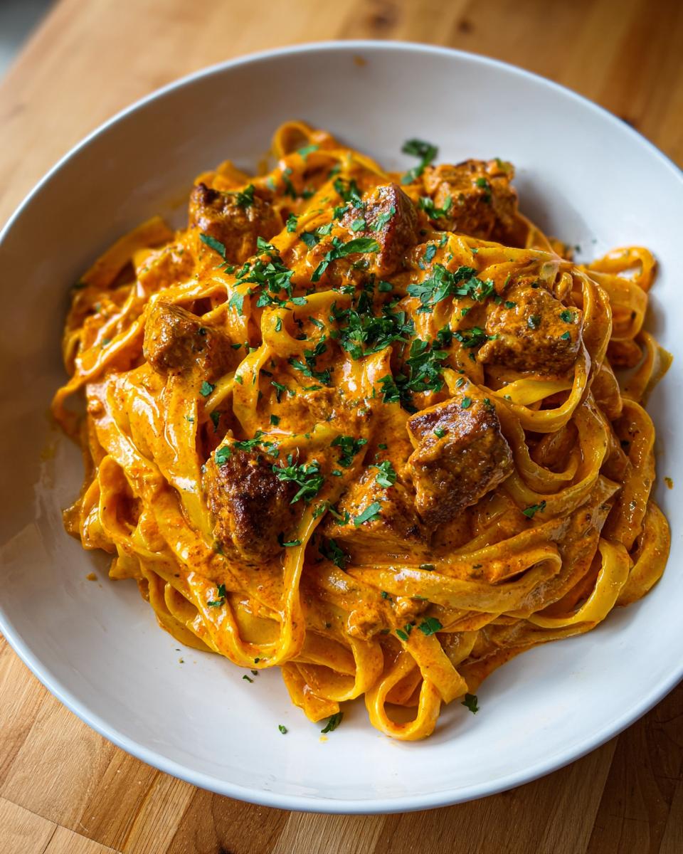 A close-up of creamy cajun chicken pasta featuring fettuccine noodles coated in a rich orange sauce with chunks of seasoned chicken, topped with fresh parsley.