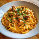 A close-up of creamy cajun chicken pasta featuring fettuccine noodles coated in a rich orange sauce, topped with seasoned chicken pieces and fresh parsley.