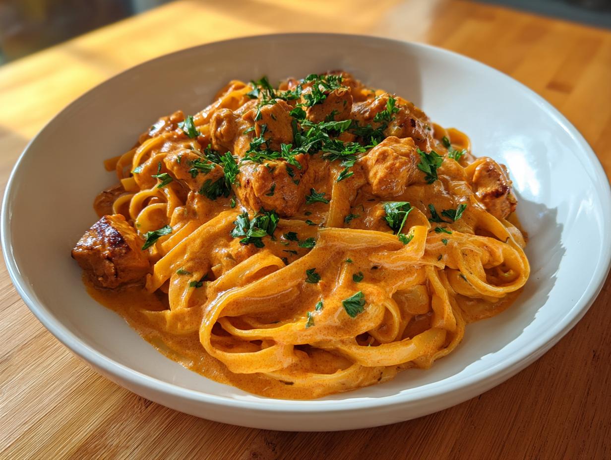 A close-up of rich, orange-hued creamy cajun chicken pasta with fettuccine noodles and diced chicken, garnished with parsley.