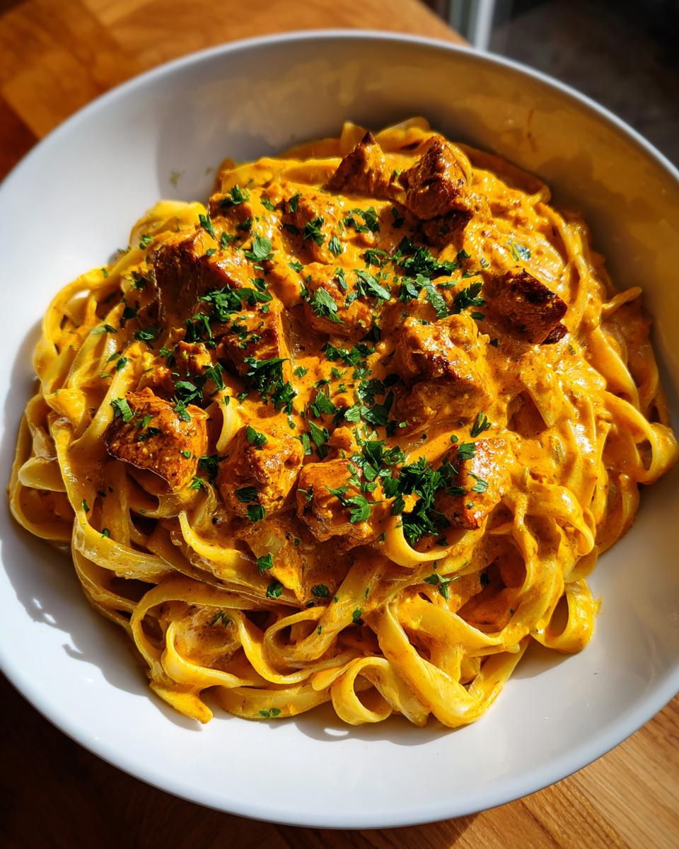 A close-up of rich, orange-hued creamy cajun chicken pasta with fettuccine noodles and cubed chicken, garnished with parsley.