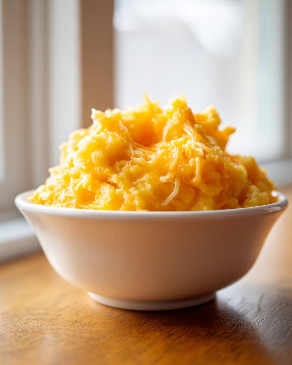 A close-up of a white bowl filled with creamy, bright yellow cheese grits, topped with shredded white cheese.