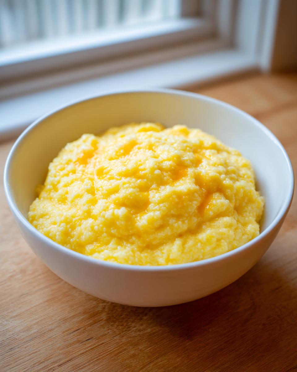 A close-up of a white bowl filled with creamy, bright yellow cheese grits topped with melted butter.