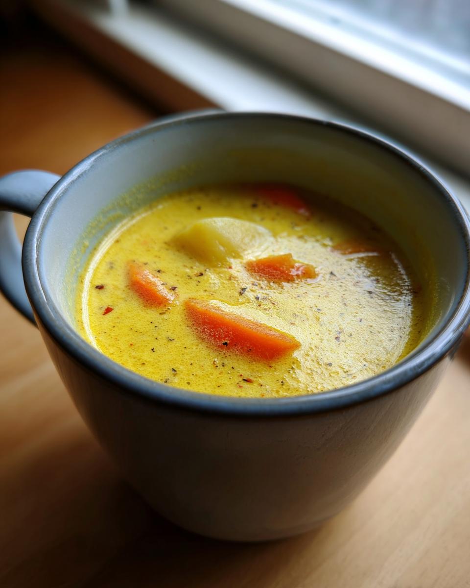 Close-up of a creamy, yellow cheese soup served in a dark mug, featuring chunks of carrot and potato.