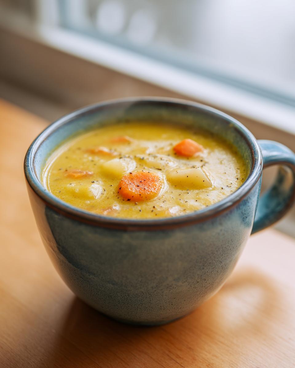 A steaming mug of creamy yellow cheese soup containing chunks of potato and carrot, seasoned with black pepper.