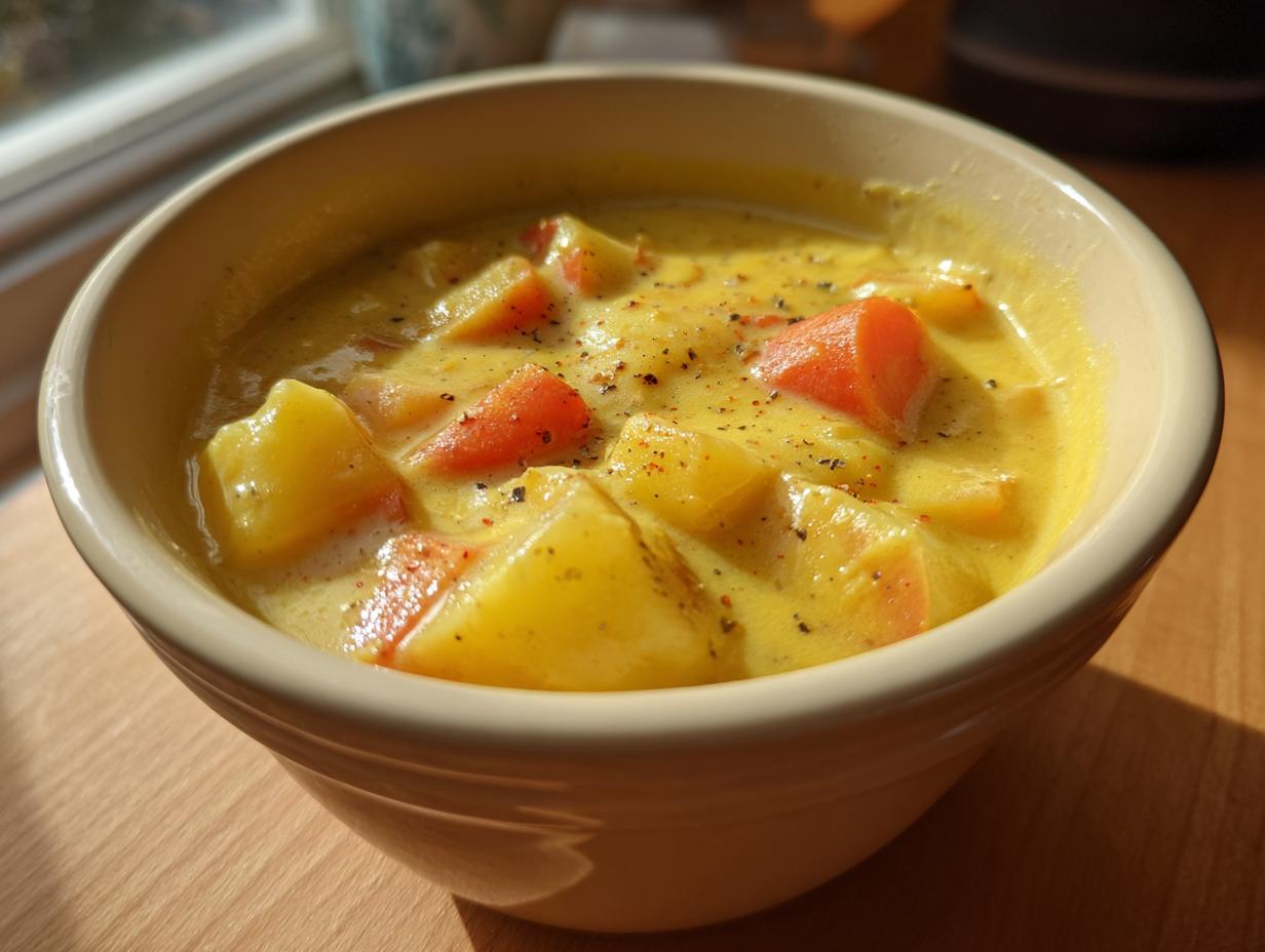 Close-up of a bowl of creamy yellow cheese soup filled with chunks of potato and bright orange carrots, seasoned with pepper.