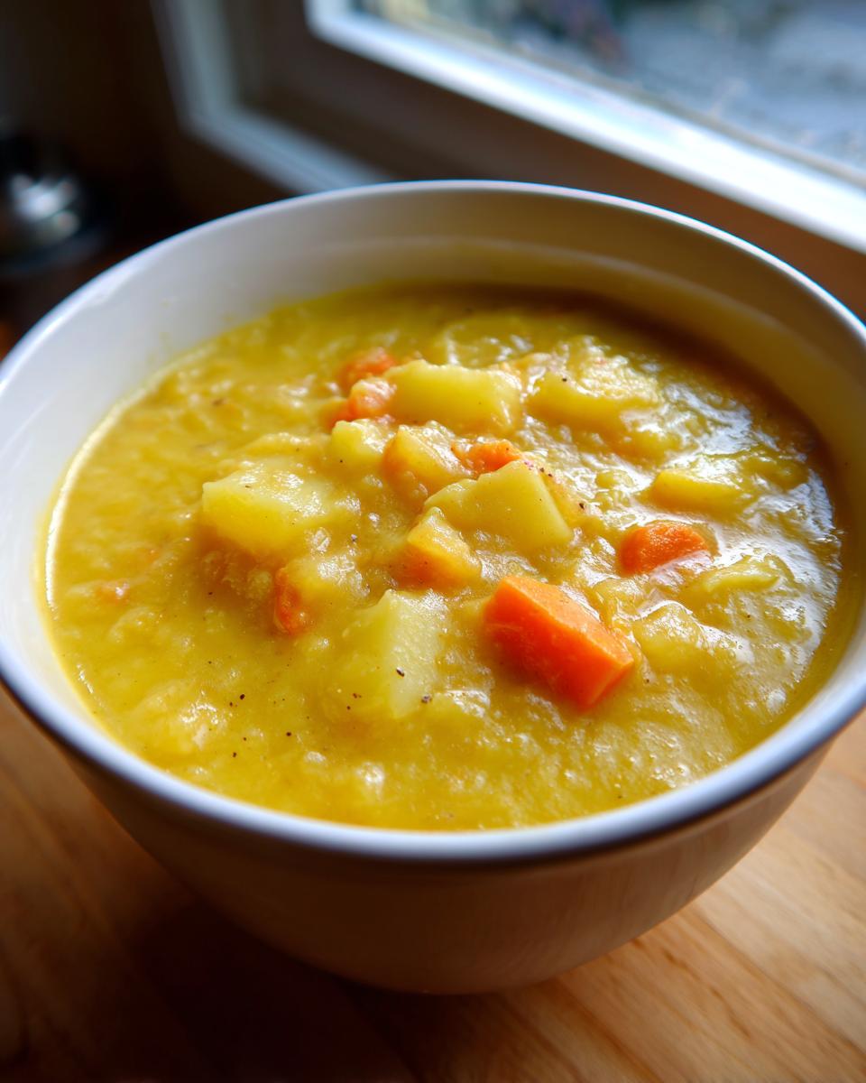 Close-up of a creamy yellow cheese soup in a white bowl, featuring visible chunks of potato and carrot.