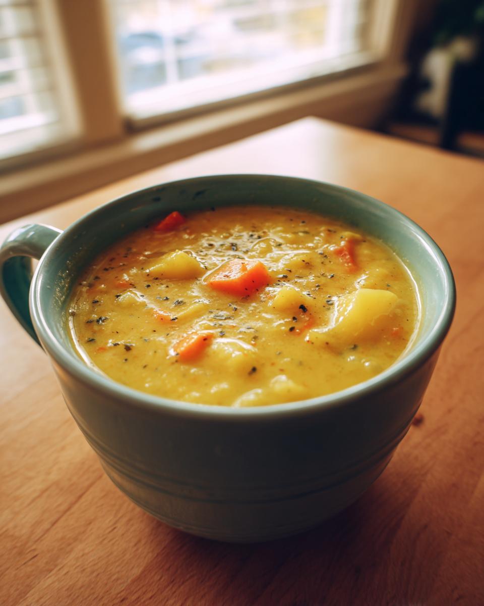Close-up of a hearty bowl of creamy cheese soup with chunks of potato and carrot, seasoned with herbs.
