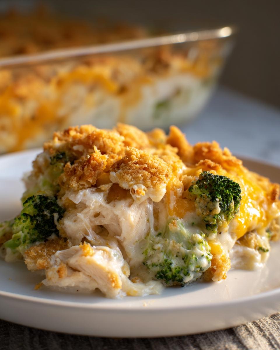 Close-up of a serving of creamy Chicken Divan featuring shredded chicken, bright green broccoli florets, and a crunchy topping.